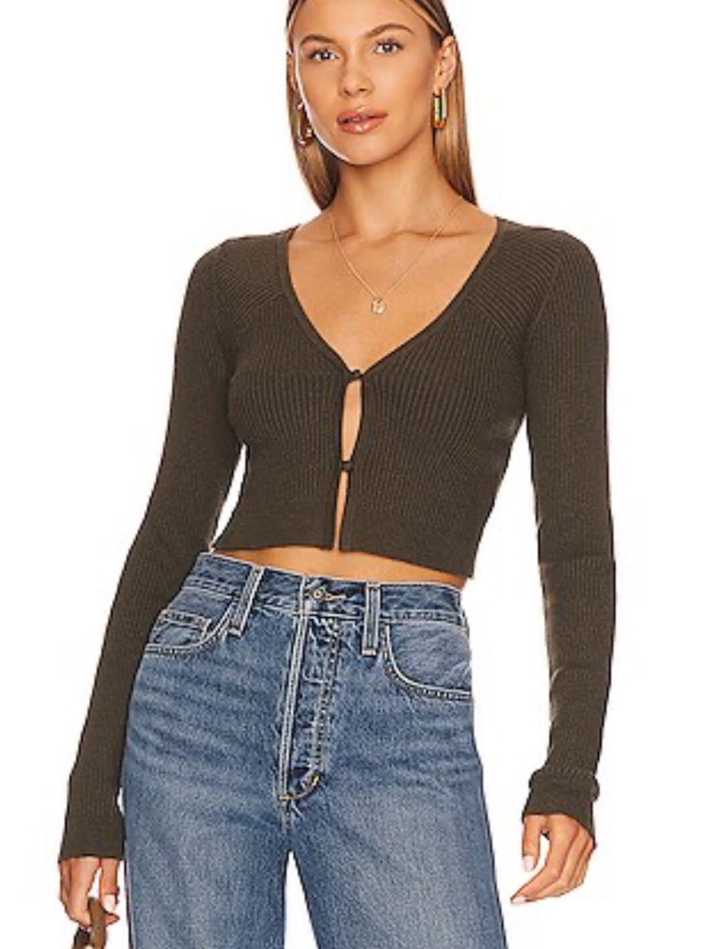 Anthropologie Favorite Daughter Cropped Rib-Knit Tie-Front Sweater Top Olive Med